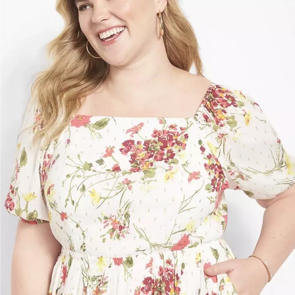 NWT Lane Bryant Floral Off The Puff Shoulder Dress 18 LONG Midi Plus Size - Picture 2 of 12